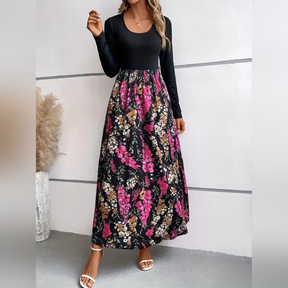 NWT - Boutique- Stretch Black Floral Round Neck Long Sleeve Maxi Dress - XL